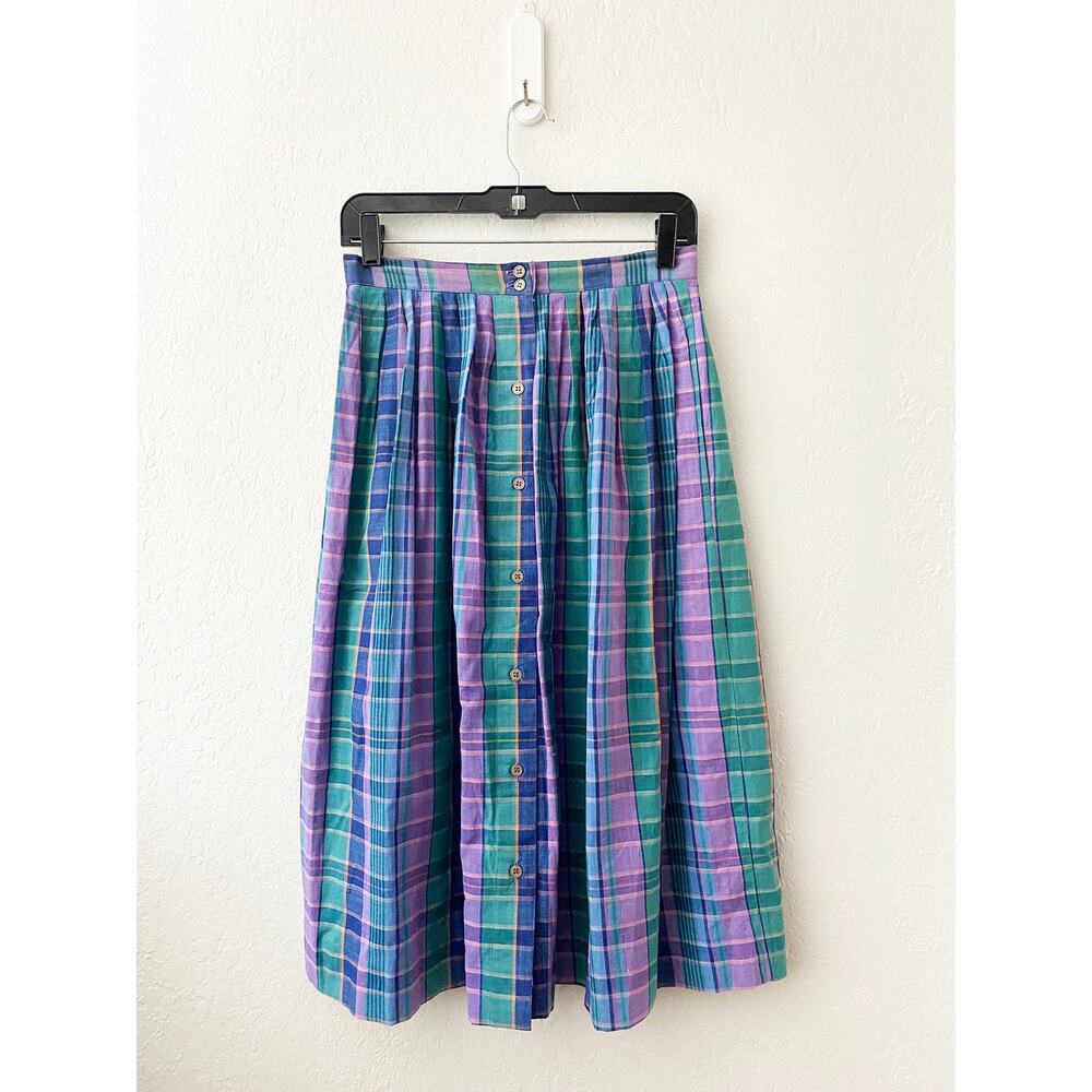 Vintage 80s Womens SKYR Midi Madras Plaid Pleat Button Front Skirt Preppy Cotton